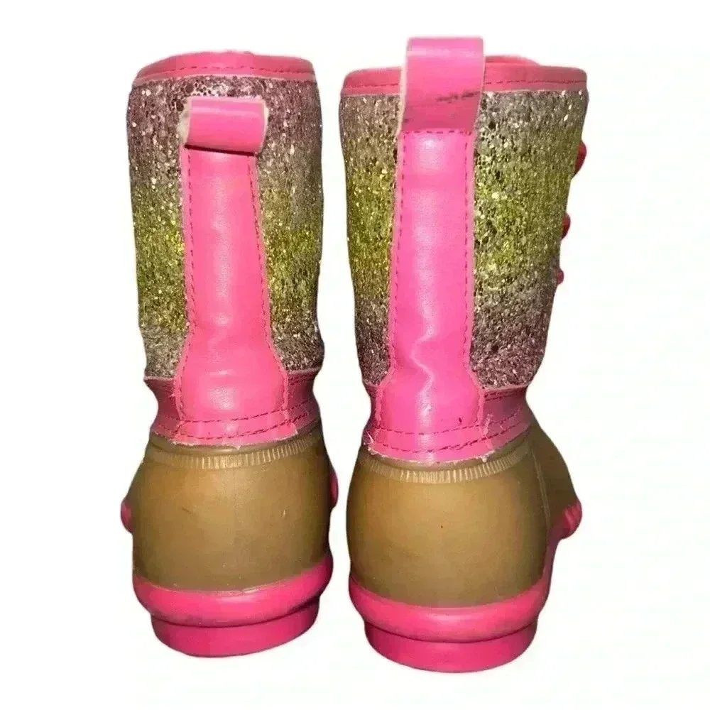 Olivia Miller Duck Boots  Girls Size 3 Pink Gold Glitter Fur Lined Lace Up